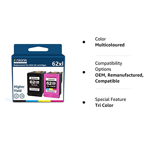 Ankink Higher Yield HP 62XL Ink Cartridge Replacement for 62 HP62XL hp62 XL Envy 5540 5640 5660 7640 7644 7645 OfficeJet 200 250 5740 5745 8040 Printer Black Color (Tricolor) Combo 2 Pack c2p07an | The Storepaperoomates Retail Market - Fast Affordable Shopping