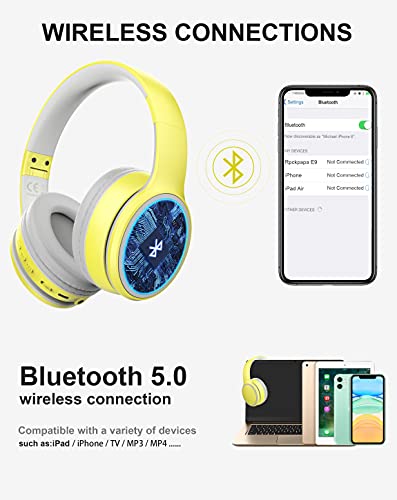 rockpapa E9 Over Ear Bluetooth Headphones for Kids Children Boy Girl Adult, Stereo Foldable Wired/Wireless Headphones with Microphone for School Travel Tablet PC TV, Include Case, Yellow Grey | The Storepaperoomates Retail Market - Fast Affordable Shopping