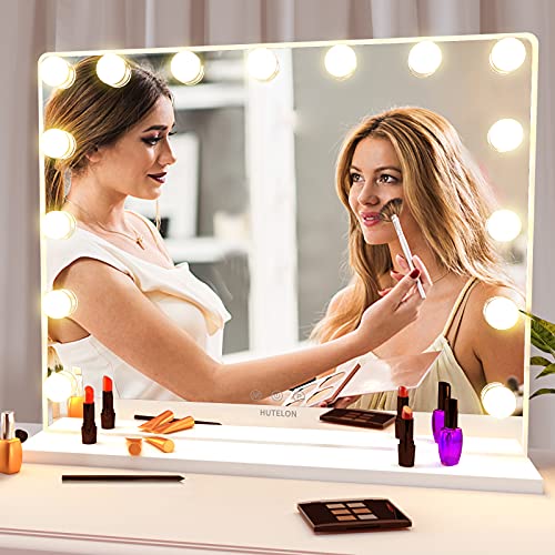 Hutelon Vanity Mirror Makeup Mirror with Lights,Large Hollywood Lighted Makeup Mirror with 15 Dimmable LED Bulbs,3 Color Modes,Touch Control for Dressing Room,Bedroom,Tabletop or Wall-Mounted