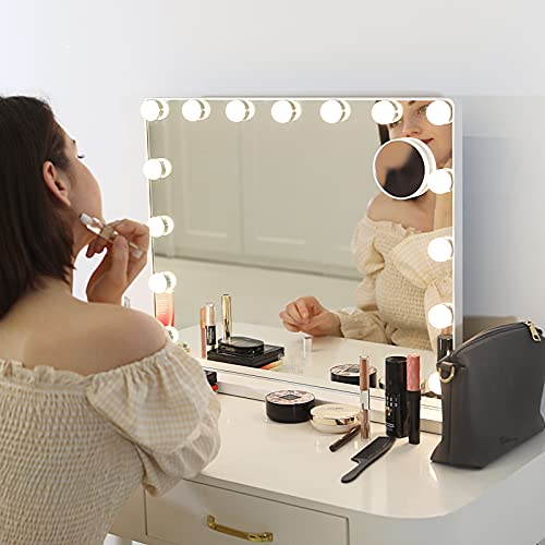 Hutelon Vanity Mirror Makeup Mirror with Lights,Large Hollywood Lighted Makeup Mirror with 15 Dimmable LED Bulbs,3 Color Modes,Touch Control for Dressing Room,Bedroom,Tabletop or Wall-Mounted | The Storepaperoomates Retail Market - Fast Affordable Shopping