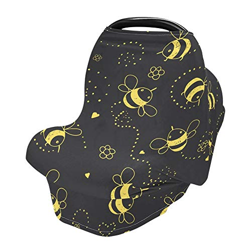 YYZZH Cartoon Cute Bee Flower Heart Pattern Doodle On Black Stretchy Baby Car Seat Cover Infant Canopy Nursing Covers Breastfeeding Cover Breathable Windproof Winter Scarf for Boys Girls