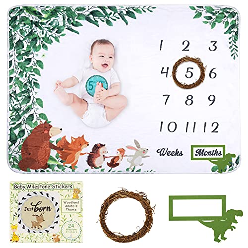 Baby Monthly Milestone Blanket, Unisex Woodland Monthly Blanket and Milestone Stickers for Newborn Baby Shower, Unisex Baby Growth Chart Monthly Blanket for Boy and Girl,