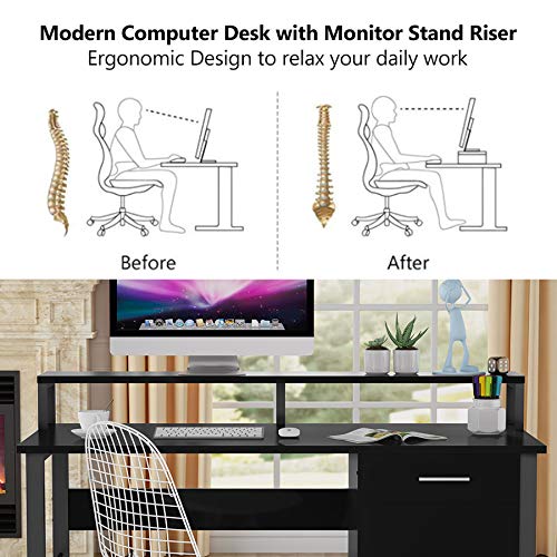 Tribesigns 47 Inches Computer Desk with Hutch, Modern Writing Desk with 2 Drawers Storage, PC Laptop Study Table Workstation for Home Office (High Gloss Black) | The Storepaperoomates Retail Market - Fast Affordable Shopping