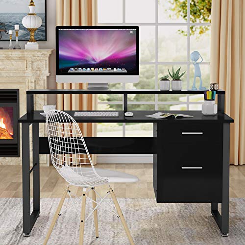 Tribesigns 47 Inches Computer Desk with Hutch, Modern Writing Desk with 2 Drawers Storage, PC Laptop Study Table Workstation for Home Office (High Gloss Black) | The Storepaperoomates Retail Market - Fast Affordable Shopping