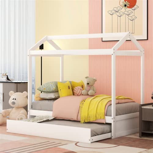 Harper & Bright Designs House Bed Daybed with Trundle, Twin Size House Bed Frame and Roof, Twin Trundle Daybed for Kids, No Box Spring Needed