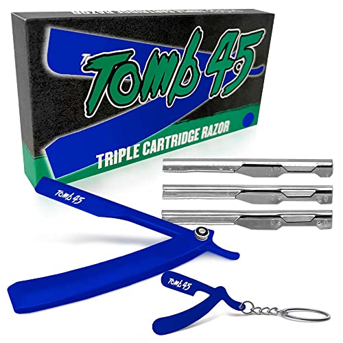Tomb 45 Triple Cartridge Razor Holder | Disposable Razor Safety Handle For Barbers | 100% Metal Grip & 3 Adjustable Blade Exposure Options For Shaving | Men’s Straight Edge Razors Manual Shaver (Blue) | The Storepaperoomates Retail Market - Fast Affordable Shopping