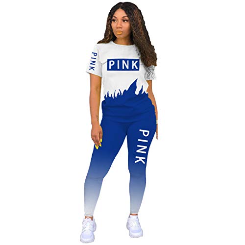 THLAI Women Letter Print 2 Piece Outfits Short Sleeve Tshirt Top and Long Gradient Pants Tracksuits Jogging Sets S-3XL | The Storepaperoomates Retail Market - Fast Affordable Shopping