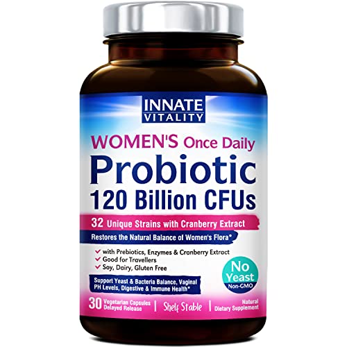 Innate Vitality Women’s Probiotics, 120 Billion CFU, 32 Tested Strains, Probiotics for Women, Yeast Control, Vaginal pH Support, Prebiotics, Digestive Enzymes, Cranberry, Once Daily 30 Veggie Capsules