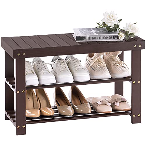 APICIZON Bamboo Shoe Rack for Entryway, 3-Tier Shoe Rack Bench for Front Indoor Entrance, Small Shoe Organizer with Storage, Dark Brown