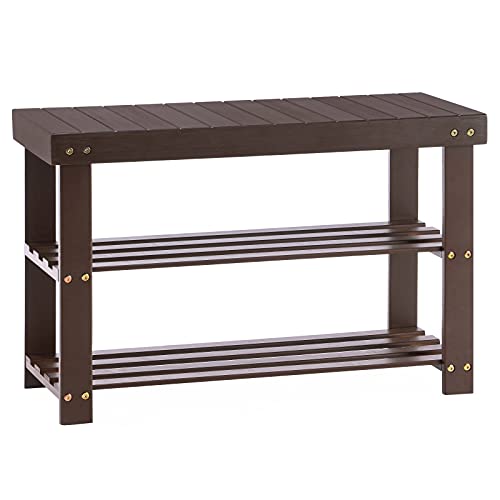 APICIZON Bamboo Shoe Rack for Entryway, 3-Tier Shoe Rack Bench for Front Indoor Entrance, Small Shoe Organizer with Storage, Dark Brown | The Storepaperoomates Retail Market - Fast Affordable Shopping