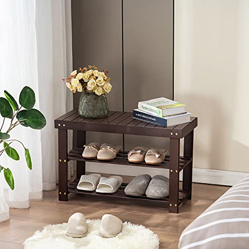 APICIZON Bamboo Shoe Rack for Entryway, 3-Tier Shoe Rack Bench for Front Indoor Entrance, Small Shoe Organizer with Storage, Dark Brown | The Storepaperoomates Retail Market - Fast Affordable Shopping