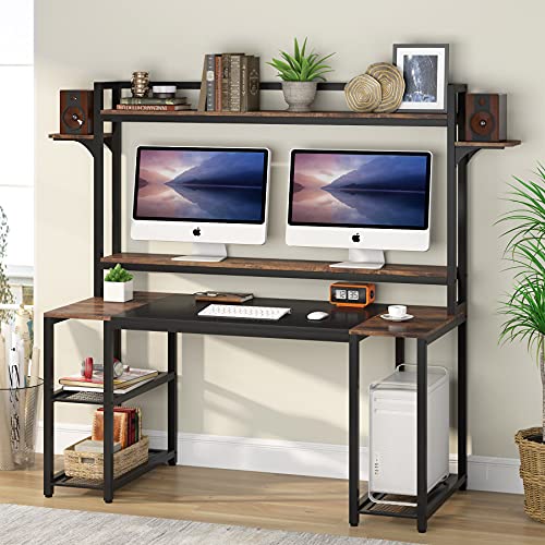 TIYASE Computer Desk with Hutch and Storage Shelves, 55 inch Home Office Gaming Desk with Bookshelf, Monitor Shelf, Speaker Holder, Writing Desk Study Table Workstation for Small Spaces,Rustic | The Storepaperoomates Retail Market - Fast Affordable Shopping