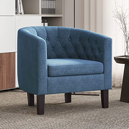 BELLEZE Navy Blue Accent Chairs for Living Room, Elegant Arm Chair Upholstered Tufted Barrel Chair Club Chair for Bedroom with Sturdy Legs and Linen Fabric – Berlinda (Navy Blue) | The Storepaperoomates Retail Market - Fast Affordable Shopping