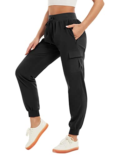 Cargo Pants Women with 6 Pockets Scrub Lightweight Hiking Pants High Rise Drawstring Joggers Ankle Quick Dry Stretch Workout Pants Casual Outdoor Running Black