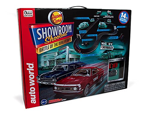 Auto World 14′ Showroom Shootout * Battle of The Dealerships Slot Race Set, 1968 Nickey Chevrolet Camaro, 1970 Yenko Chevrolet Nova,SRS337