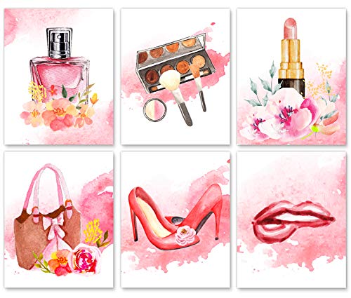Women Fashion Canvas Wall Art ,Pink Bedroom Wall Decor, Perfume Modern Art Posters，Fashion High Heels, Makeup Brush, Girls Room Decor, Set of 6 8×10″(No Frame)