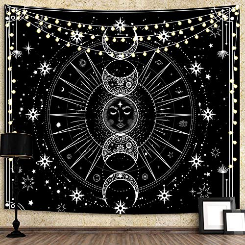 Bacazue Sun Moon Tapestry Wall Hanging Sun with Stars Space Psychedelic Black and White Wall Tapestry for Bedroom, Living Room, Dorm Home Wall Decor (29.5ʺL x 39.4ʺW/ 75 x 100cm)