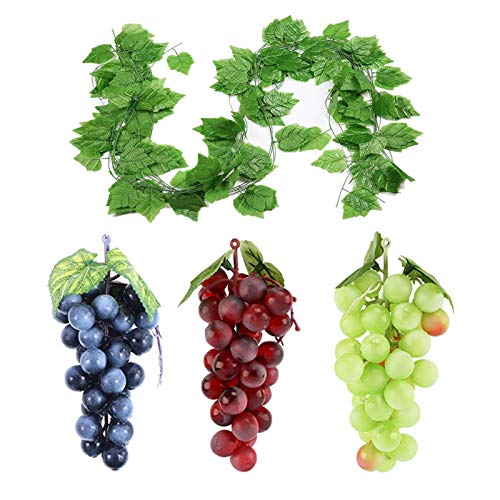 Artificial Grapes, 3 Bunches of Fake Decorative Grapes Simulation Fruit with Artificial Vines Lifelike Leaves Hanging Ornaments for Wedding Home Party Garden Wall Fruit Wine Decor