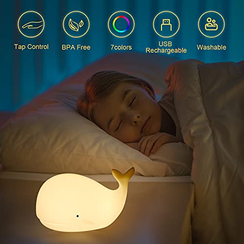 Whale Night Light for Kids Room, Cute Night Light with 7 Color Changing and Tap Control, Rechargeable Portable Squishy Silicone Fish Nightlight Gifts for Fathers Day Baby Boys Girls Toddler Children | The Storepaperoomates Retail Market - Fast Affordable Shopping