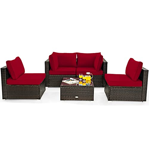 Tangkula 5 Pieces Patio Furniture Set, All Weather Wicker L-Shaped Corner Sofa Set w/Soft Cushions, Outdoor Sectional Conversation Couch Set w/Glass Table for Backyard Garden Poolside (Red)