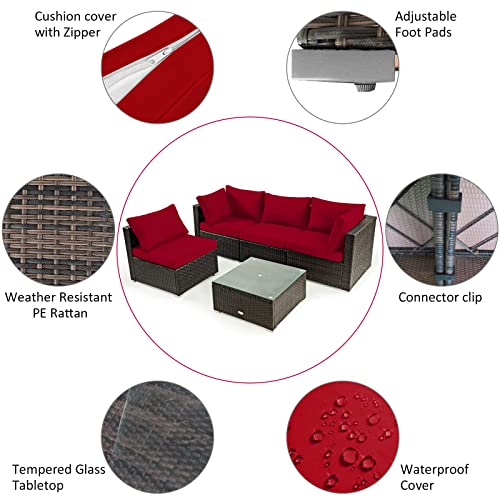 Tangkula 5 Pieces Patio Furniture Set, All Weather Wicker L-Shaped Corner Sofa Set w/Soft Cushions, Outdoor Sectional Conversation Couch Set w/Glass Table for Backyard Garden Poolside (Red) | The Storepaperoomates Retail Market - Fast Affordable Shopping