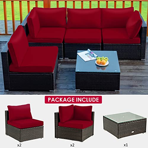 Tangkula 5 Pieces Patio Furniture Set, All Weather Wicker L-Shaped Corner Sofa Set w/Soft Cushions, Outdoor Sectional Conversation Couch Set w/Glass Table for Backyard Garden Poolside (Red) | The Storepaperoomates Retail Market - Fast Affordable Shopping