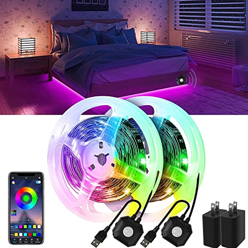 Motion Activated Under Bed Lights, Auplf 2×9.84ft 5050 RGB Color Changing LED Strip Lights with Sensor, APP Control and Music Sync, Dimmable Night Light with Automatic Shut Off Timer for Bedroom