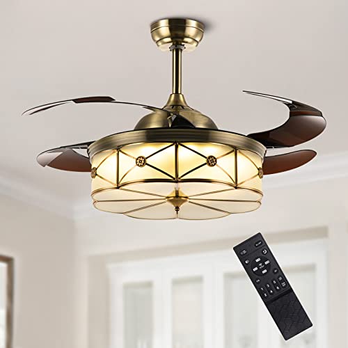 CROSSIO 36” Modern Ceiling Fan with Lights Reversible Retractable Fandelier with Remote Control Dimmable LED Chandelier Fan for Bedroom Living Room