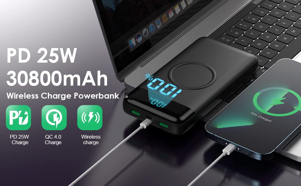 Wireless Portable Charger 30,800mAh 15W Wireless Charging 25W PD QC4.0 Fast Charging Smart LED Display USB-C Power Bank, 4 Output & 2 Input External Battery Pack Compatible with iPhone, Samsung etc | The Storepaperoomates Retail Market - Fast Affordable Shopping
