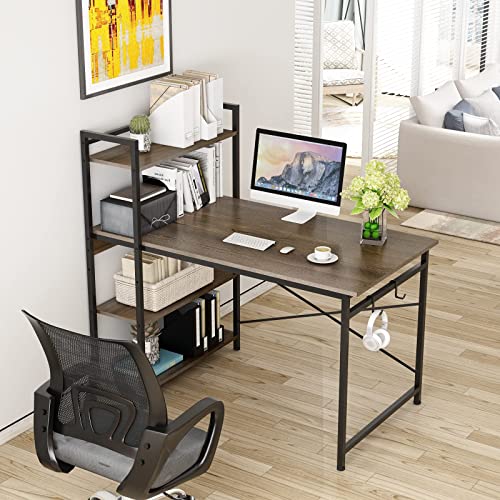 Engriy Computer Desk with 4 Tier Shelves for Home Office, 47″ Writing Study Table with Bookshelf and 2 Hooks, Multipurpose Modern Wood Desk Workstation with Metal Frame for PC Laptop, Black Oak | The Storepaperoomates Retail Market - Fast Affordable Shopping