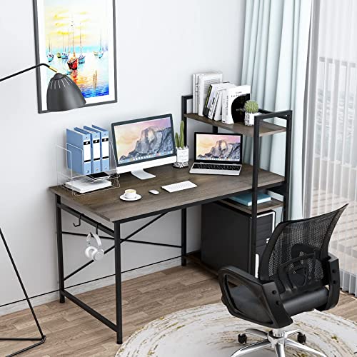 Engriy Computer Desk with 4 Tier Shelves for Home Office, 47″ Writing Study Table with Bookshelf and 2 Hooks, Multipurpose Modern Wood Desk Workstation with Metal Frame for PC Laptop, Black Oak | The Storepaperoomates Retail Market - Fast Affordable Shopping