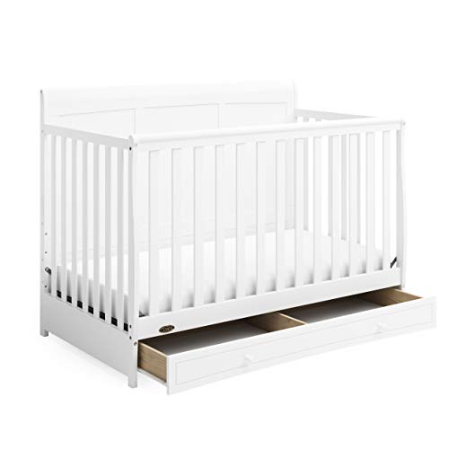Graco Asheville 5-in-1 Convertible Crib with Drawer (White) – GREENGUARD Gold Certified, Crib with Drawer Combo, Full-Size Nursery Storage Drawer, Converts to Toddler Bed, Daybed and Full-Size Bed