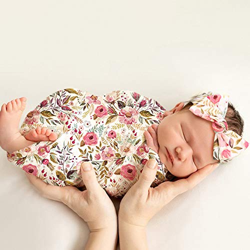 Newborn Swaddle Blanket, Baby Receiving Blanket Wrap with Headband for 0-3 Month Baby Girl and Boy (Pink Flower)