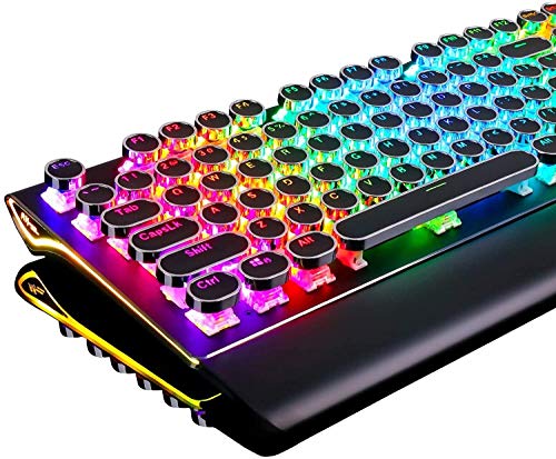Typewriter Style Mechanical Gaming Keyboard with True RGB Backlit Collapsible Wrist Rest 108-Key Blue Switch Retro Round Keycap, Black | The Storepaperoomates Retail Market - Fast Affordable Shopping