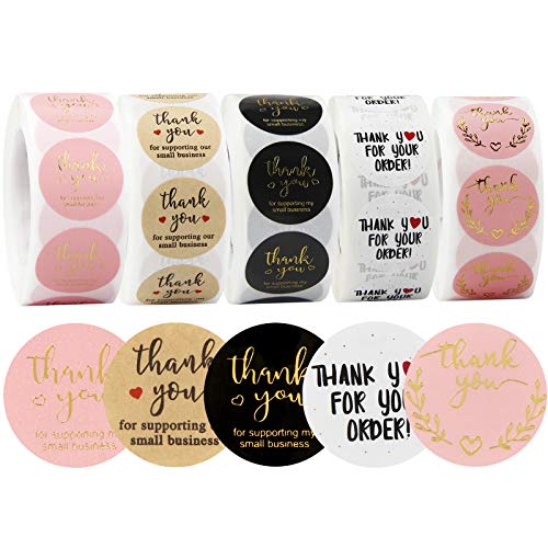 Thank You Stickers Small Business – 5 Rolls 2500 Pieces Thank You Stickers Labels for Envelopes, Bubble Mailers and Gift Bags Packaging, 1 Inch，500 Pieces Each Roll