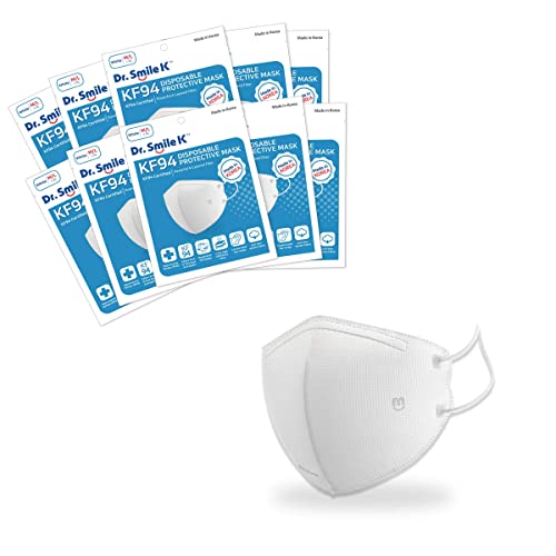 Aurora – Dr. Smile K – 10 Pack KF94 Disposable Face Masks White or Black – SIZE: S/M or M/L – Unisex – 4- Layer Filter Made in Korea – KF94 Certified (Medium/Large, White)