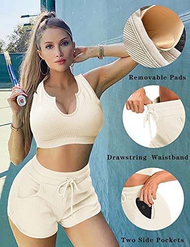 Seamless Workout Sets for Women 2 Piece Ribbed Yoga Gym Outfits High Waisted Acitve Shorts With Sport Bra Tracksuit Set（Beige-drawstring Shorts，X-Large） | The Storepaperoomates Retail Market - Fast Affordable Shopping