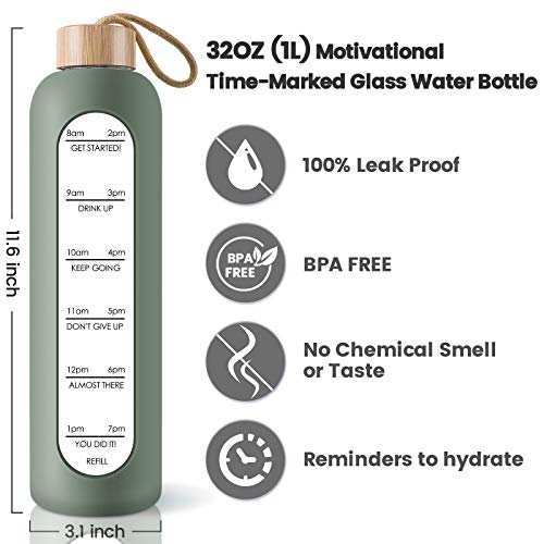 PROBTTL 32 Oz Borosilicate Glass Water Bottle with Time Marker Reminder Quotes, Leak Proof Reusable BPA Free Motivational Water Bottles with Silicone Sleeve and Bamboo Lid | The Storepaperoomates Retail Market - Fast Affordable Shopping