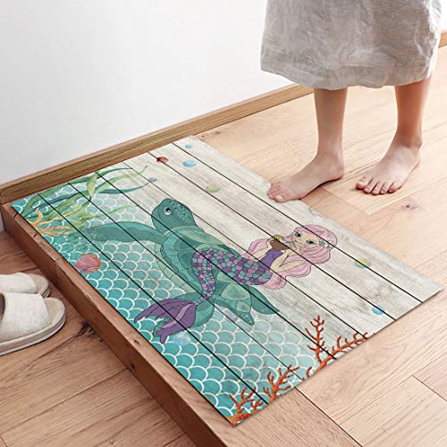 Aomike Indoor Outdoor Doormat Summer Style Beautiful Elegant Mermaid Sea Turtle Coral Retro Wood Grain Entrance Door Mat Durable Floor Mat Low-Profile Rug for Home Office Garden, 18″ x 30″ | The Storepaperoomates Retail Market - Fast Affordable Shopping