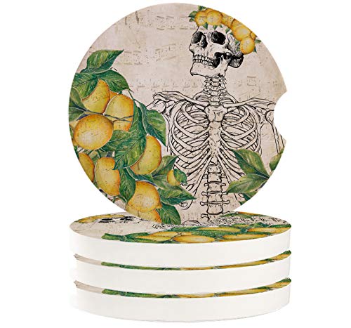 4 Pack Cup Holders Car Coasters for Women/Men – Summer Lemon Skull Skeleton Absorbent Ceramic Stone Drinks Coaster Set – Vintage Sheet Music