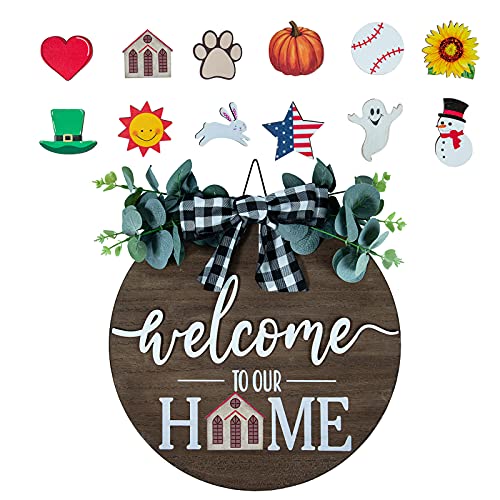 Qmpro Interchangeable Welcome Sign Extra Thick Front Door Porch Decor Farmhouse Wreath Seasonal Rustic Wood Home Sign for Festival Decoration 12″x12″ Brown