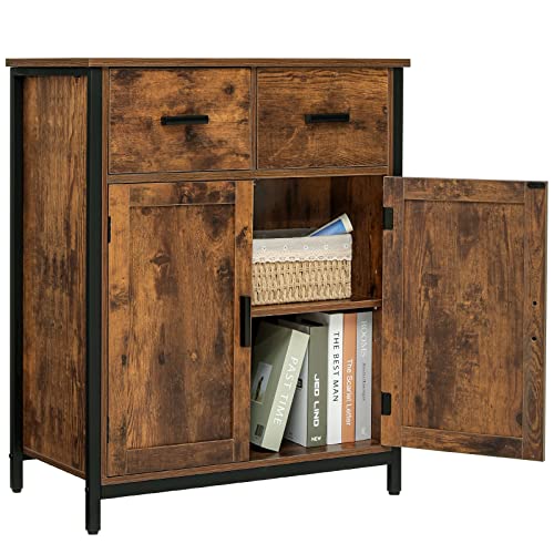 usikey Storage Cabinet with 2 Drawers and Doors, Industrial Accent Kitchen Cupboard, Free Standing Cabinet, Retro Wooden Sideboard, Side Cabinet, for Living Room, Bedroom, Hallway, Rustic Brown | The Storepaperoomates Retail Market - Fast Affordable Shopping