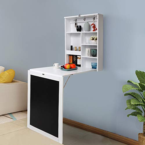 Modern Wood Wall Mounted Desk, Folding Computer Table Convertible Desk Cabinet Laptop Desk with Storage Bookcase & Chalkboard, Convertible Writing Desk, Home Office Furniture, White + Black | The Storepaperoomates Retail Market - Fast Affordable Shopping