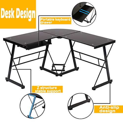 Warmm house Computer Desk,L Shape Home Office Desk with Drawer,Glass Black Desk,Easy to Clean&Tough Scratch-Resistant for Gaming Desk Office Desk l Shaped Desk | The Storepaperoomates Retail Market - Fast Affordable Shopping