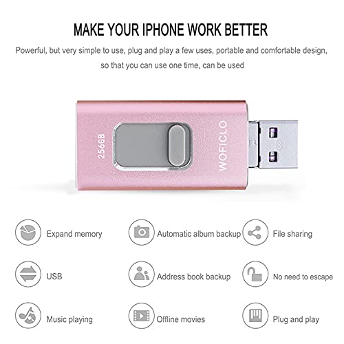 Photo Storage 256GB Flash Drive for Phone, Memory Stick WOFICLO Photo Stick for Pad Compatible iOS/Android Phone/Tablet (256GB, Pink) | The Storepaperoomates Retail Market - Fast Affordable Shopping