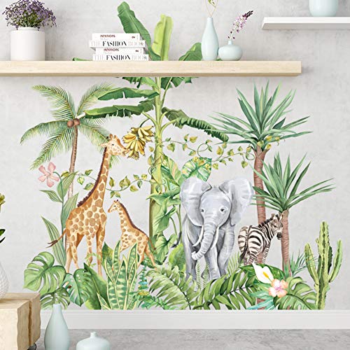 Tropical Rainforest Animals Plants Wall Stickers, AUHOKY Removable Cartoon Elephant Giraffe Nordic Plant Wallpaper Decor, Peel and Stick Art Murals for Kids Bedroom Background Nursery Home Decorations | The Storepaperoomates Retail Market - Fast Affordable Shopping