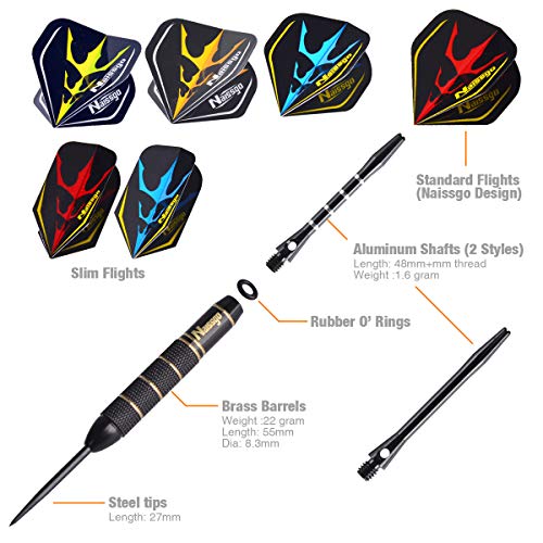 Naissgo Steel Tips Darts Set – Professional Darts Steel Tip with Brass Barrels and Extra Aluminum Shafts, O-Rings, Flights + Dart Tool and Sharpener + Gift Case (Plastic Black Box 22g) | The Storepaperoomates Retail Market - Fast Affordable Shopping