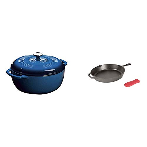 Lodge EC6D33 Enameled Cast Iron Dutch Oven, 6-Quart, Blue & Cast Iron Skillet with Red Silicone Hot Handle Holder, 12-inch | The Storepaperoomates Retail Market - Fast Affordable Shopping