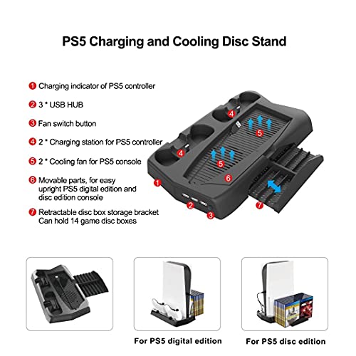 KJH-P5-010-2 PS5 Cooling Fan Station and Dual Controller Charger Station for Playstation 5 PS5 Console, LED Indicator + 16 Game Storage disc Holders, 3 USB Ports (Black) | The Storepaperoomates Retail Market - Fast Affordable Shopping