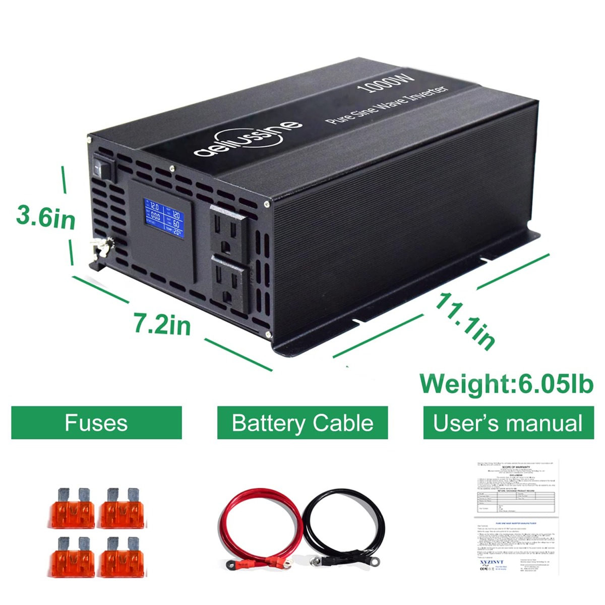 aeliussine 1000w Inverter Pure Sine Wave Power Inverter 12v dc to ac 110v 120v with 2 US Socket, LCD Display and Earth Terminal, for Car RV, Truck, Yacht, and Off Grid Solar Power System (1000w 12v) | The Storepaperoomates Retail Market - Fast Affordable Shopping
